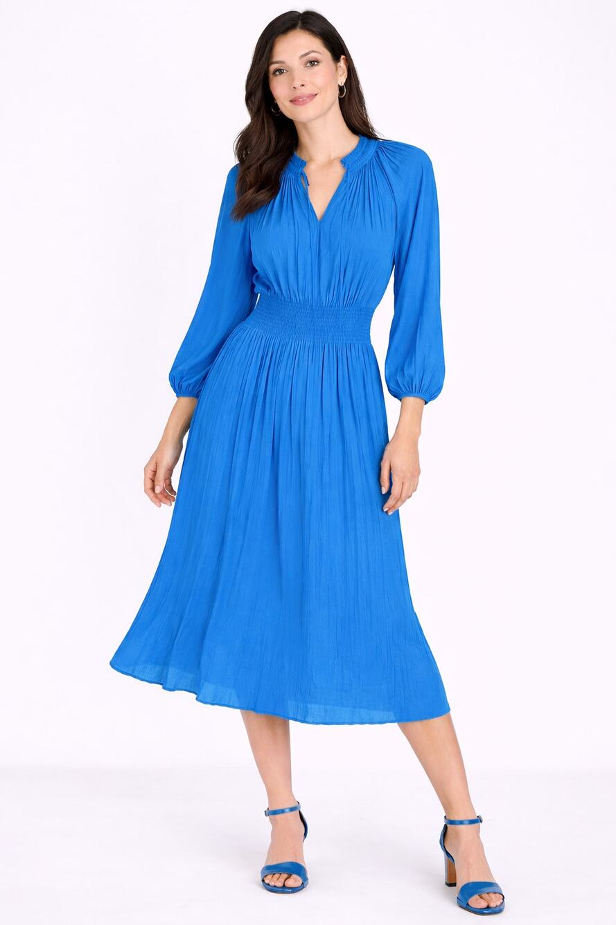 White House Black Market Tie Neck Smocked Midi Dress Womens Small Blue New